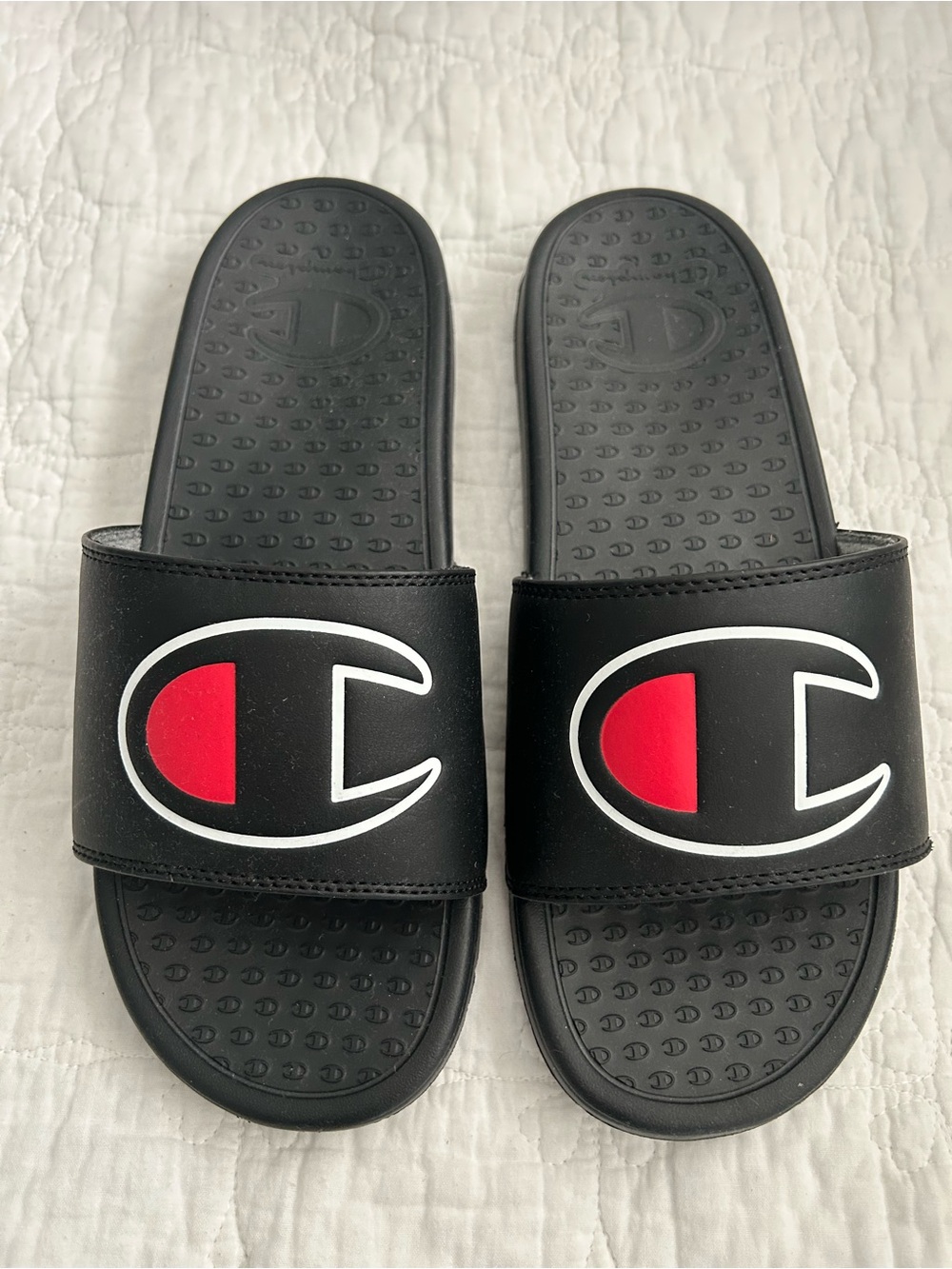 Champion Men’s Black Slide Sandals with Red Logo Accent